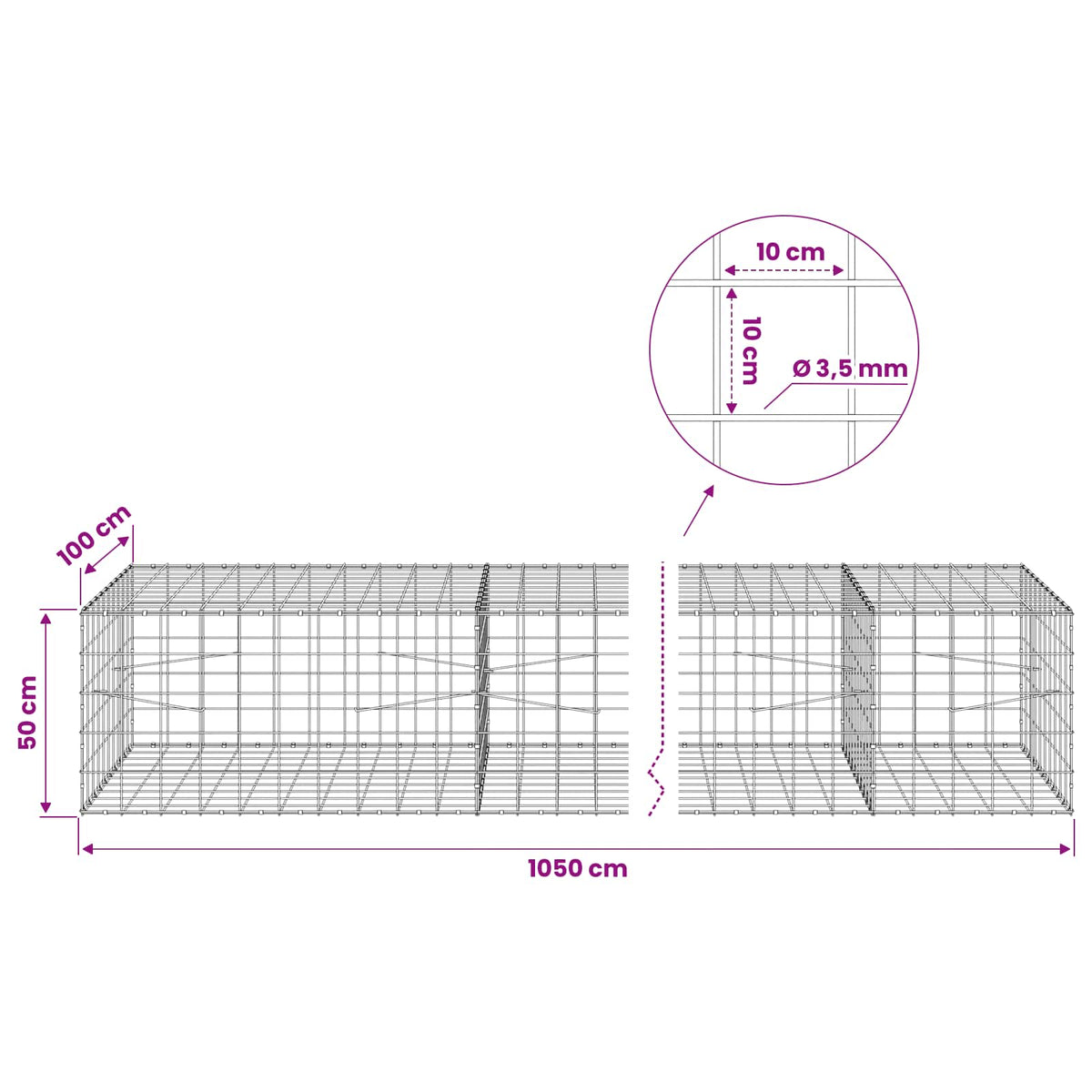 Gabionas su 3,5 mm viela ir 10x10 cm tinkleliu 1050x100x50 cm