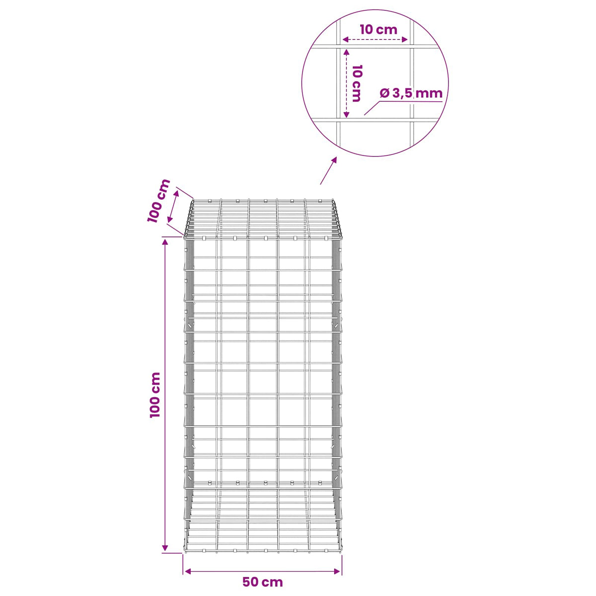 Gabionas su 3,5 mm viela ir 10x10 cm tinkleliu 50x100x100 cm
