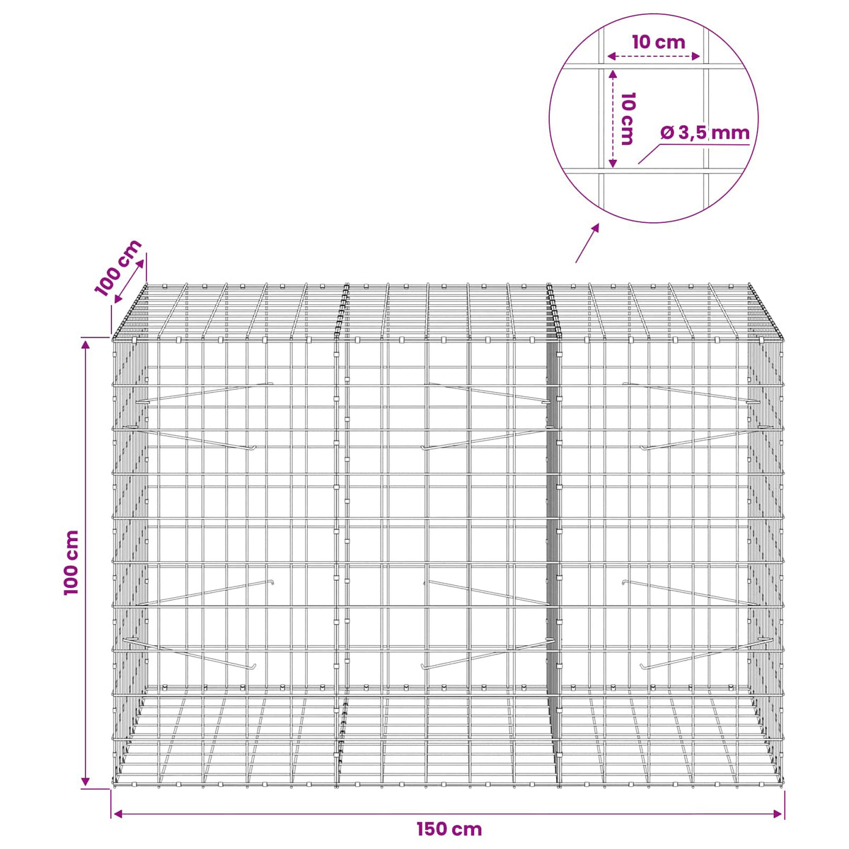 Gabionas su 3,5 mm viela ir 10x10 cm tinkleliu 150x100x100 cm