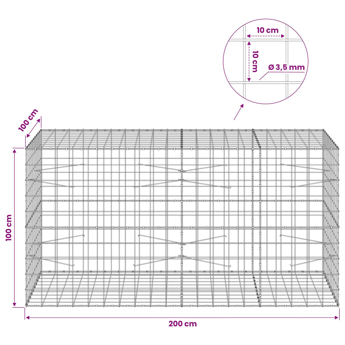 Gabionas su 3,5 mm viela ir 10x10 cm tinkleliu 200x100x100 cm