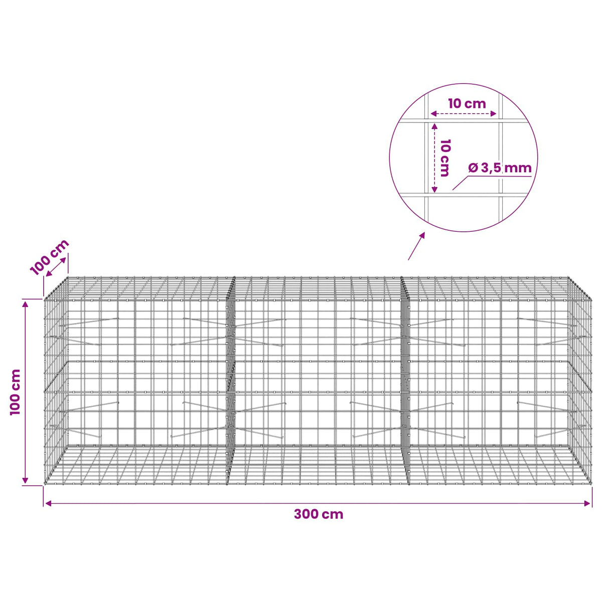 Gabionas su 3,5 mm viela ir 10x10 cm tinkleliu 300x100x100 cm