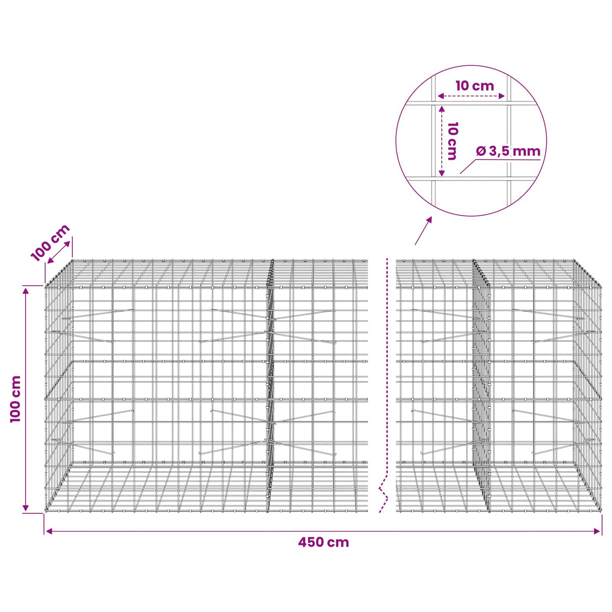 Gabionas su 3,5 mm viela ir 10x10 cm tinkleliu 450x100x100 cm
