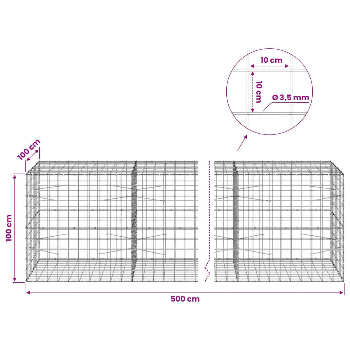 Gabionas su 3,5 mm viela ir 10x10 cm tinkleliu 500x100x100 cm
