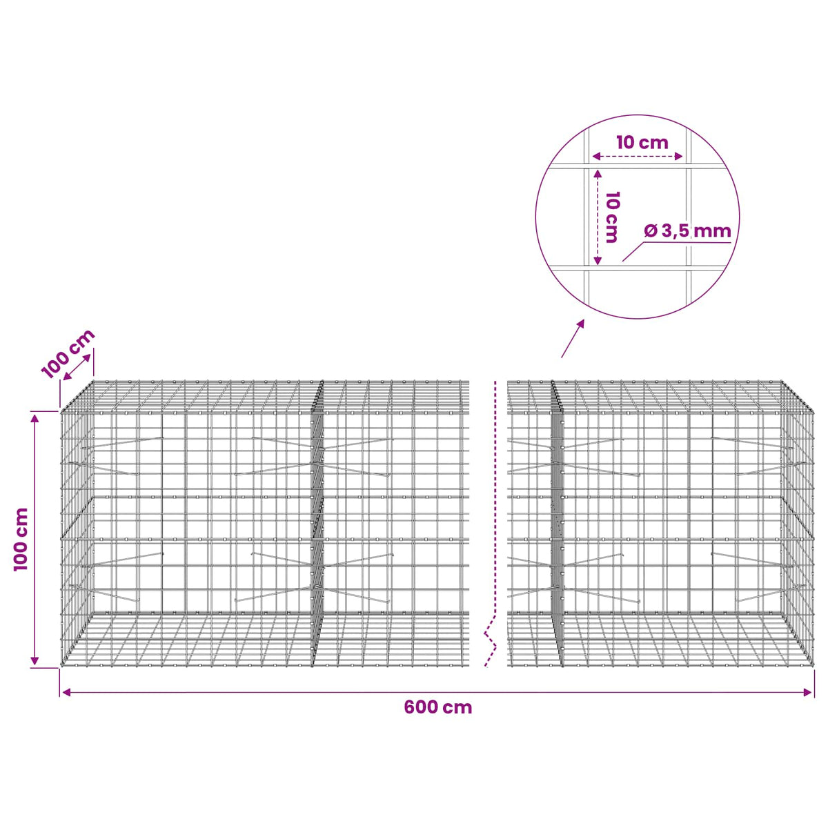 Gabionas su 3,5 mm viela ir 10x10 cm tinkleliu 600x100x100 cm