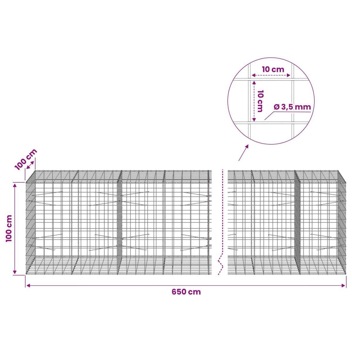 Gabionas su 3,5 mm viela ir 10x10 cm tinkleliu 650x100x100 cm