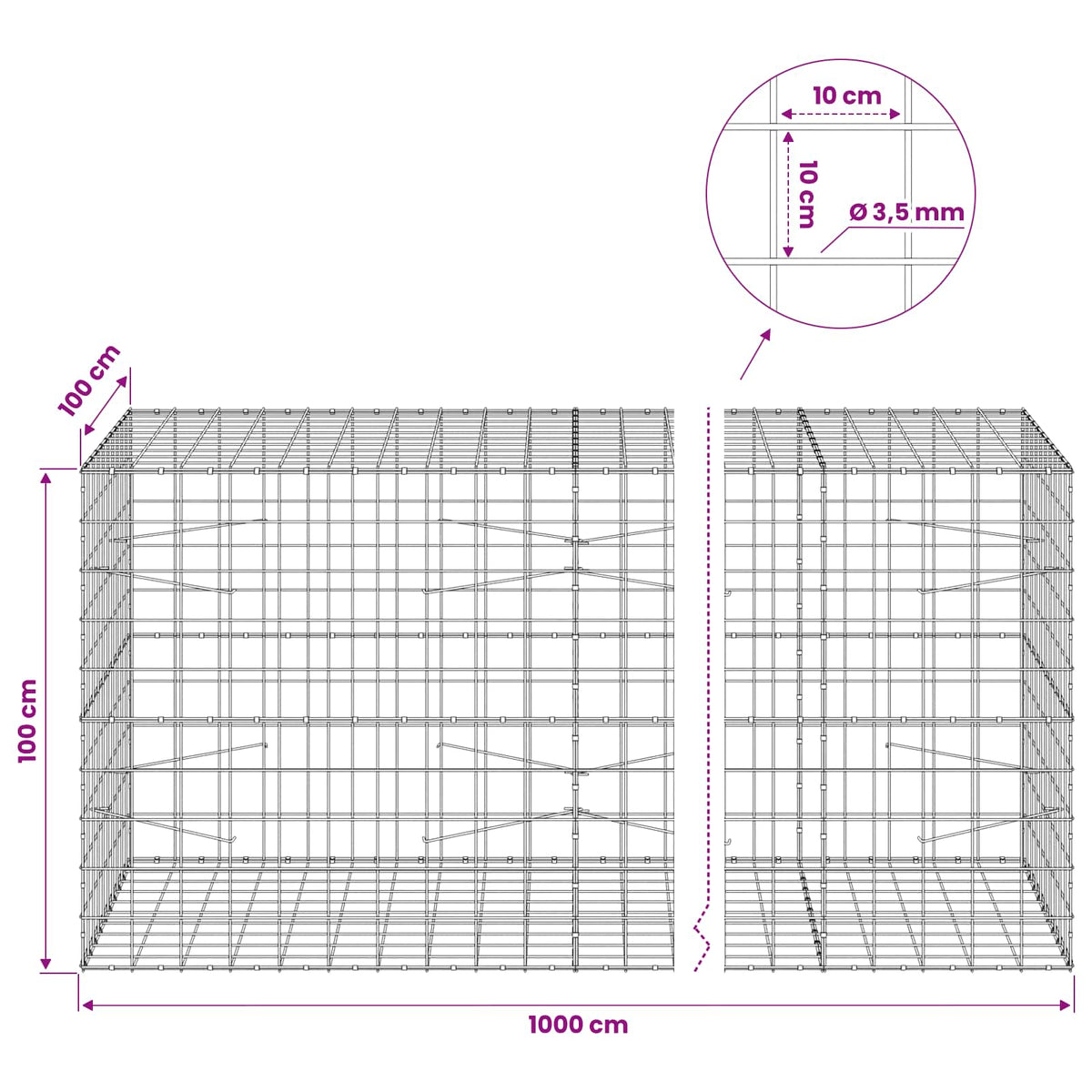 Gabionas su 3,5 mm viela ir 10x10 cm tinkleliu 1000x100x100 cm