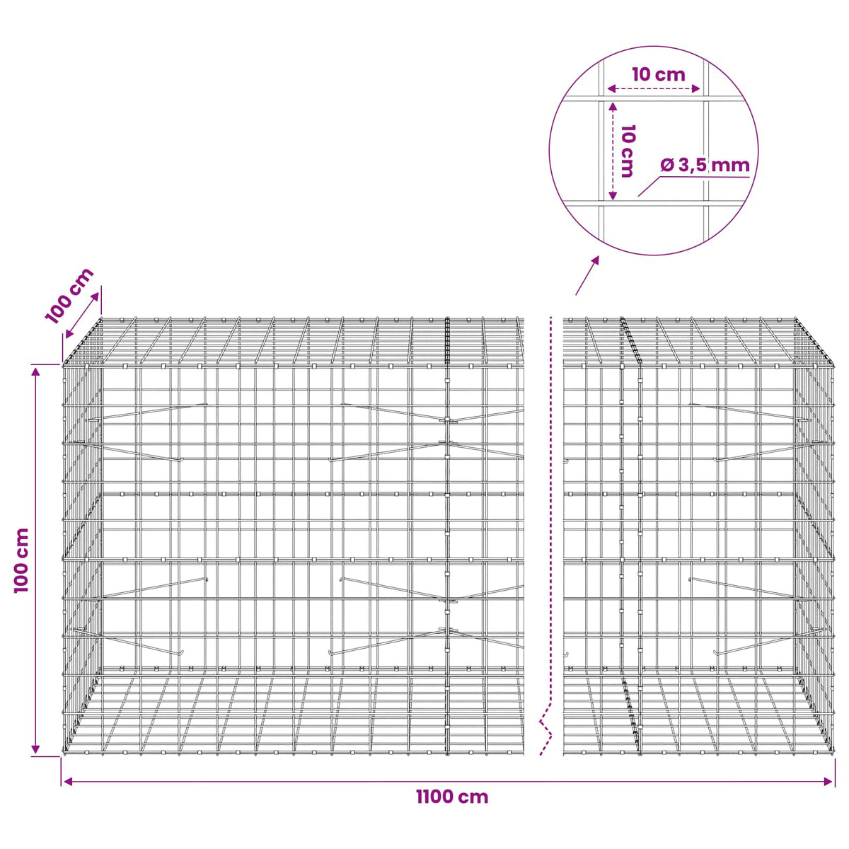 Gabionas su 3,5 mm viela ir 10x10 cm tinkleliu 1100x100x100 cm