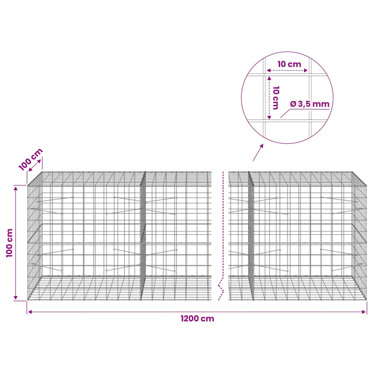 Gabionas su 3,5 mm viela ir 10x10 cm tinkleliu 1200x100x100 cm