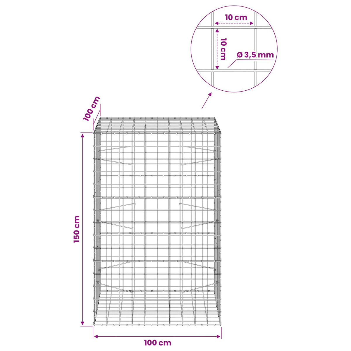 Gabionas su 3,5 mm viela ir 10x10 cm tinkleliu 100x100x150 cm