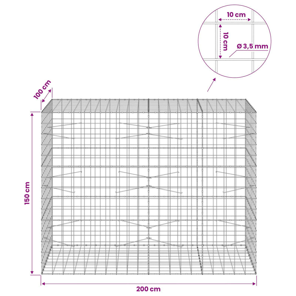 Gabionas su 3,5 mm viela ir 10x10 cm tinkleliu 200x100x150 cm