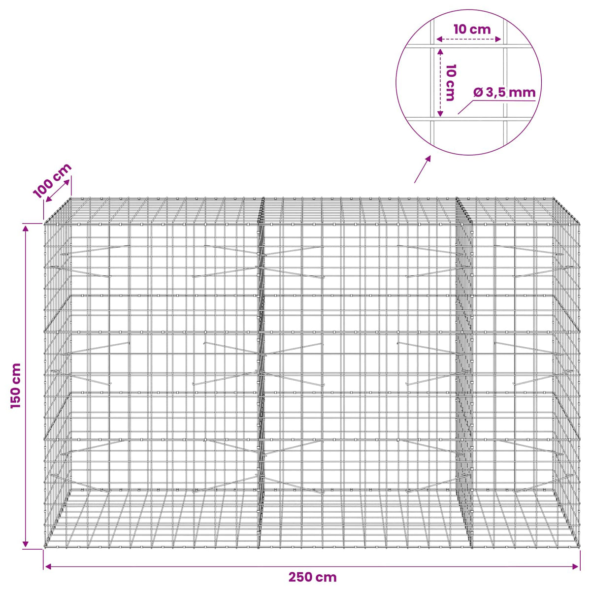 Gabionas su 3,5 mm viela ir 10x10 cm tinkleliu 250x100x150 cm