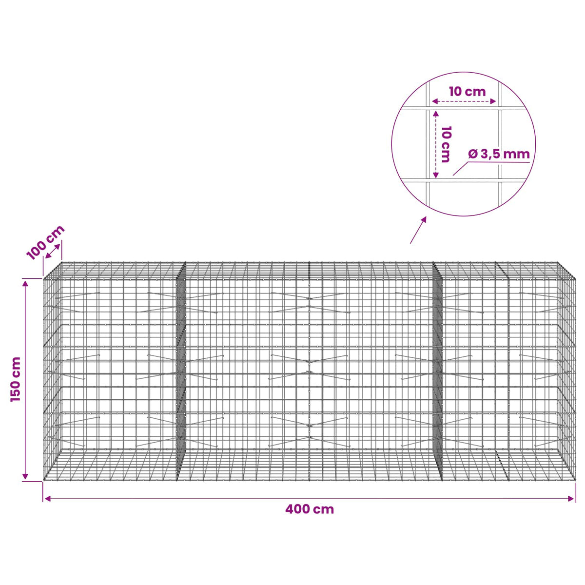 Gabionas su 3,5 mm viela ir 10x10 cm tinkleliu 400x100x150 cm