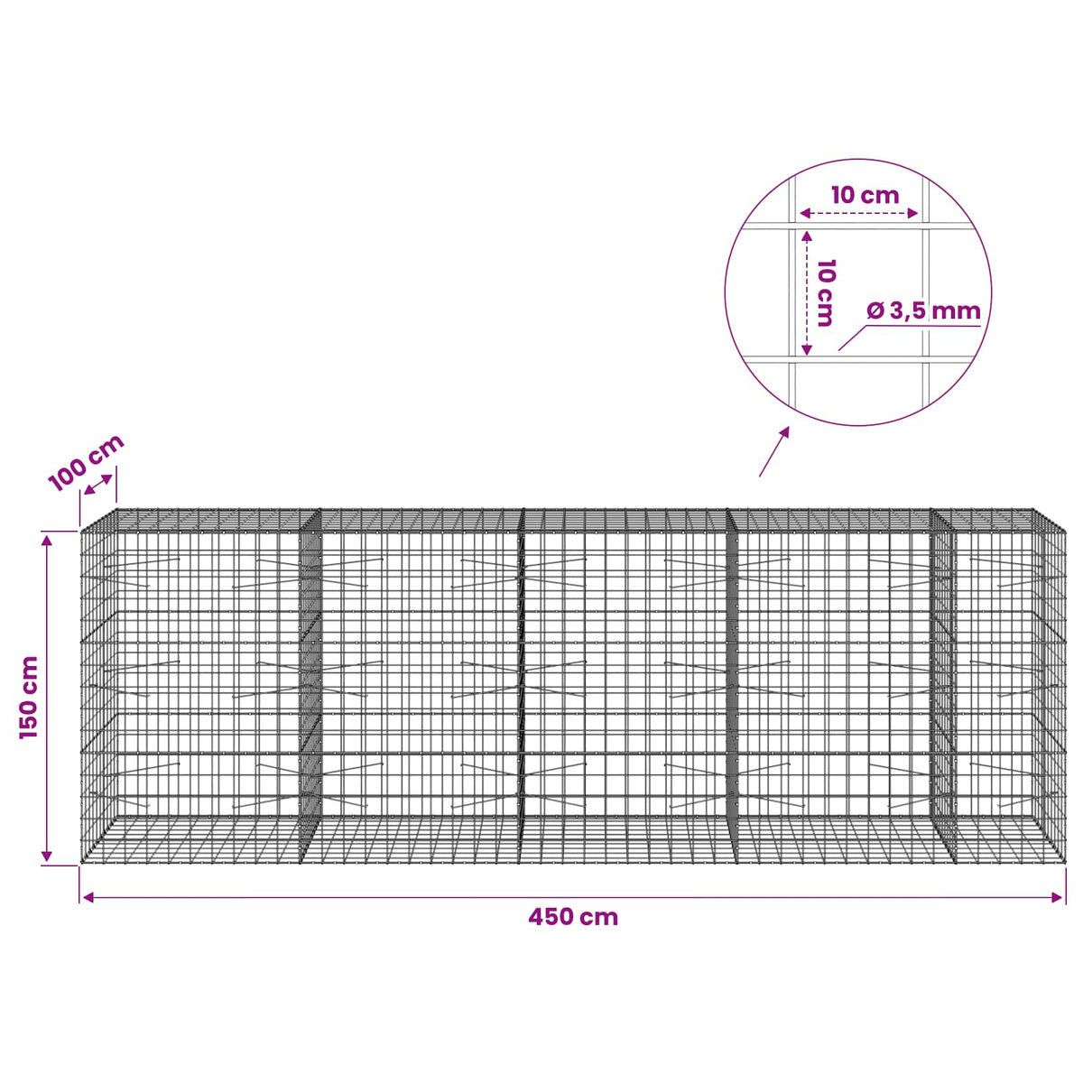 Gabionas su 3,5 mm viela ir 10x10 cm tinkleliu 450x100x150 cm