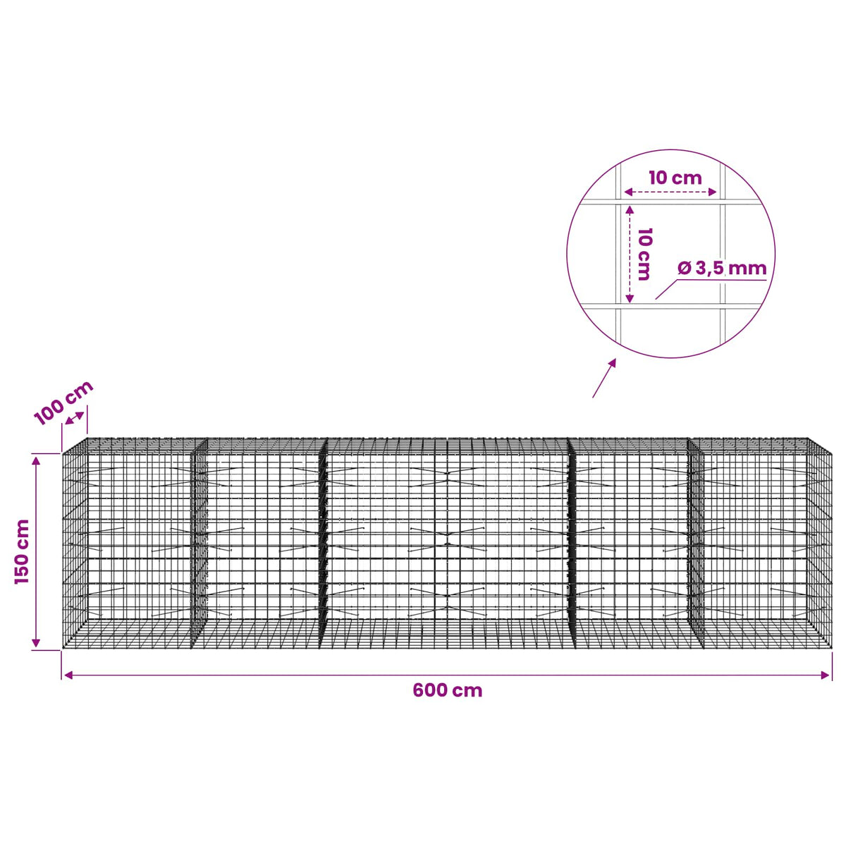 Gabionas su 3,5 mm viela ir 10x10 cm tinkleliu 600x100x150 cm