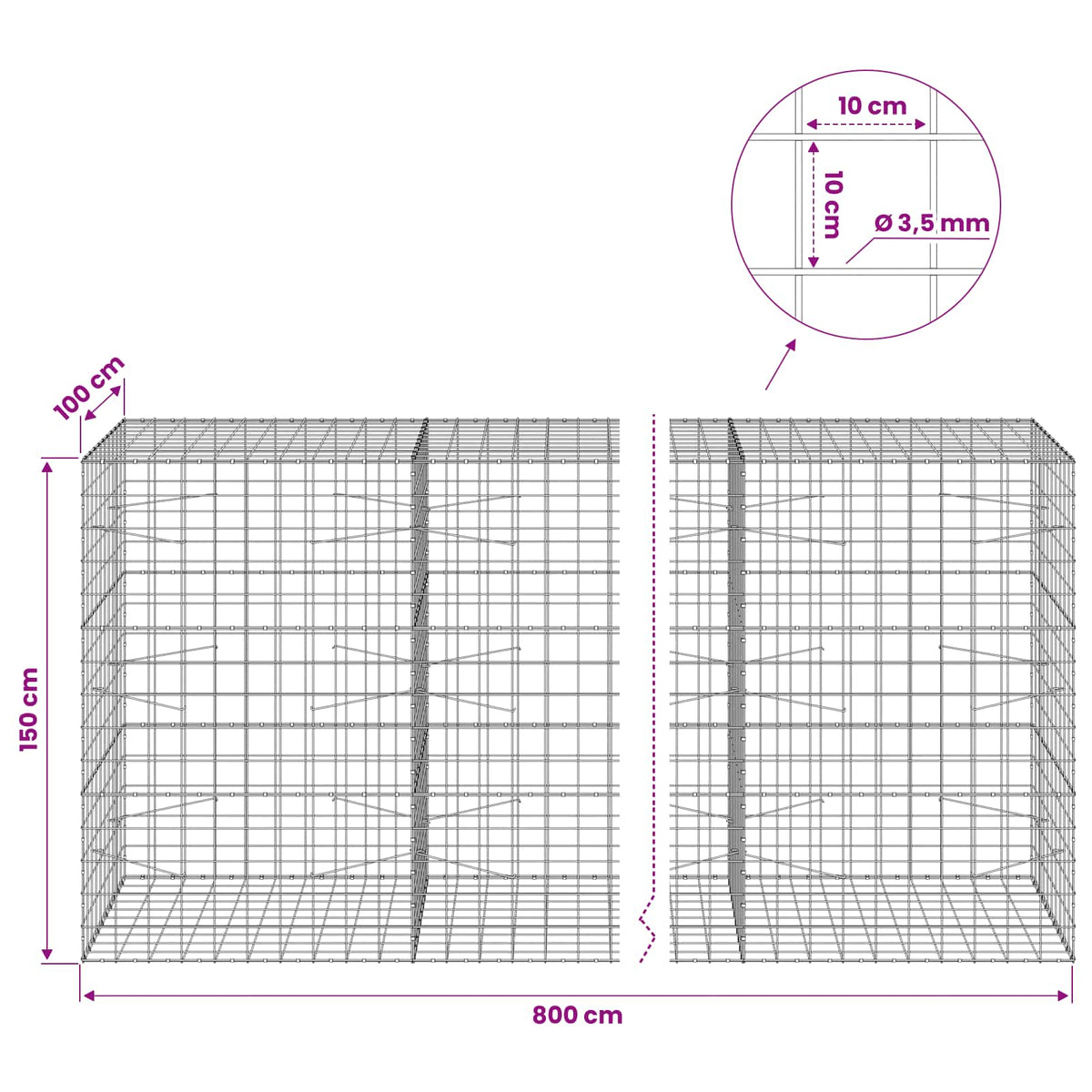 Gabionas su 3,5 mm viela ir 10x10 cm tinkleliu 800x100x150 cm