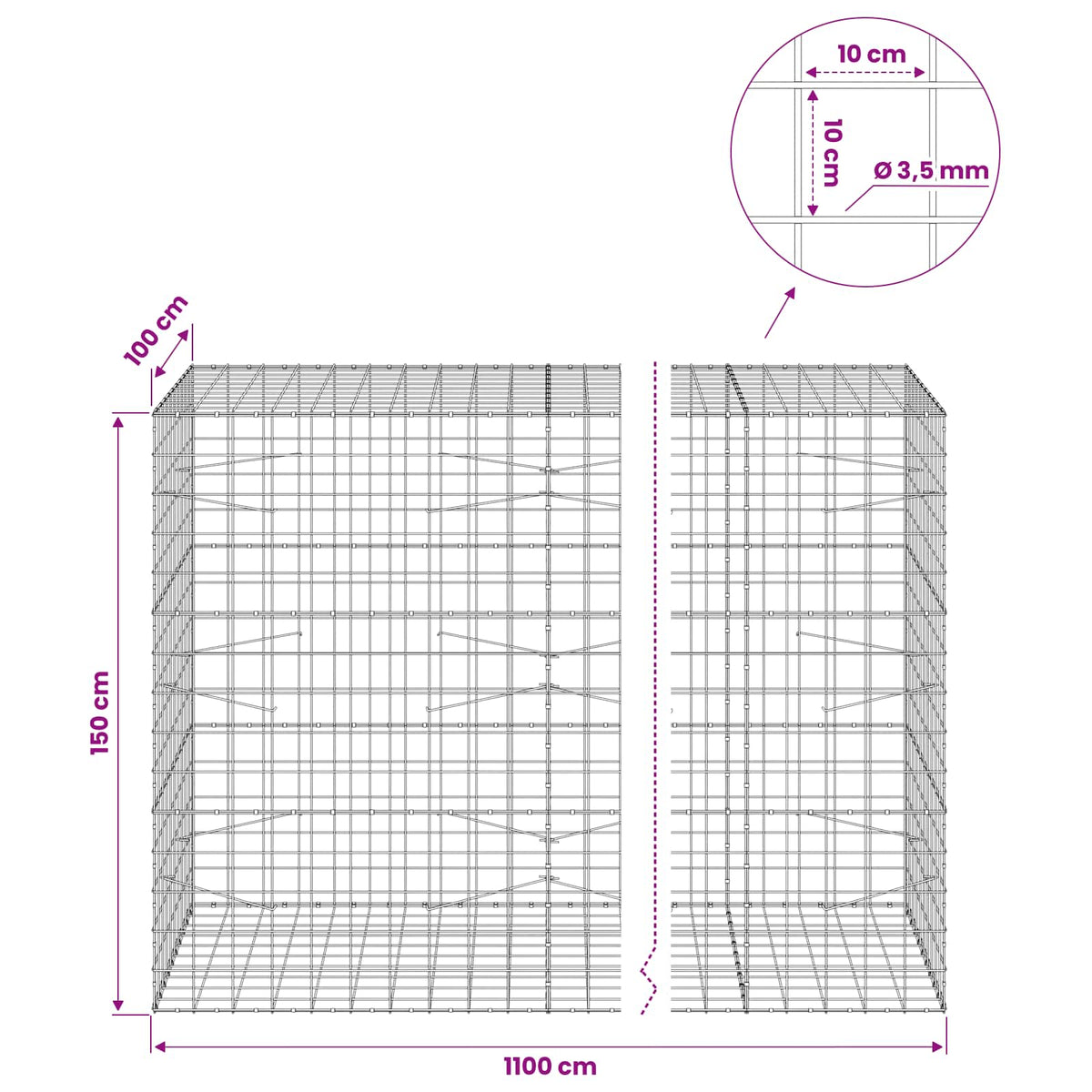 Gabionas su 3,5 mm viela ir 10x10 cm tinkleliu 1100x100x150 cm