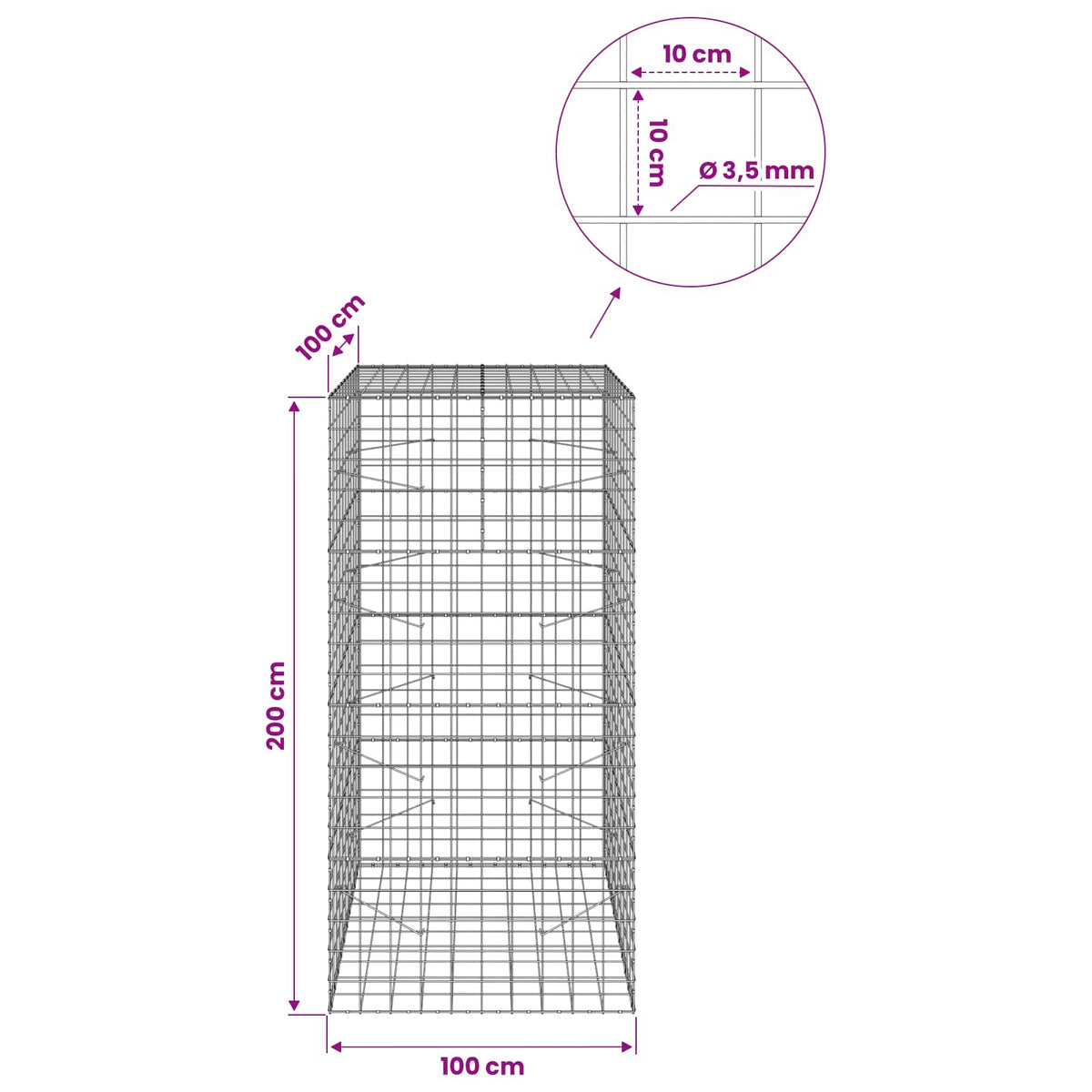 Gabionas su 3,5 mm viela ir 10x10 cm tinkleliu 100x100x200 cm
