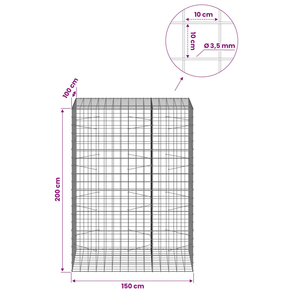 Gabionas su 3,5 mm viela ir 10x10 cm tinkleliu 150x100x200 cm