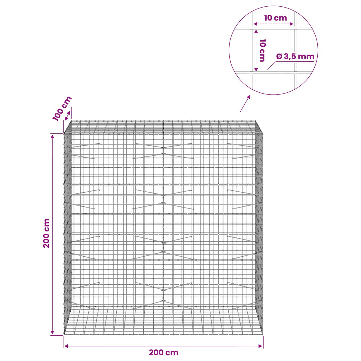 Gabionas su 3,5 mm viela ir 10x10 cm tinkleliu 200x100x200 cm