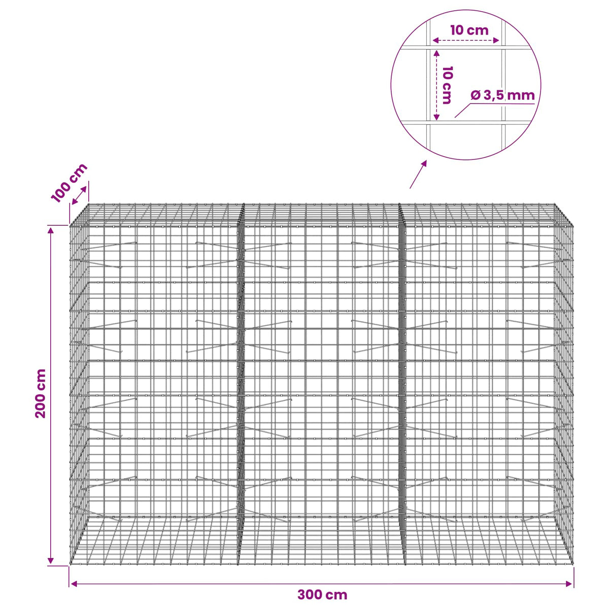 Gabionas su 3,5 mm viela ir 10x10 cm tinkleliu 300x100x200 cm