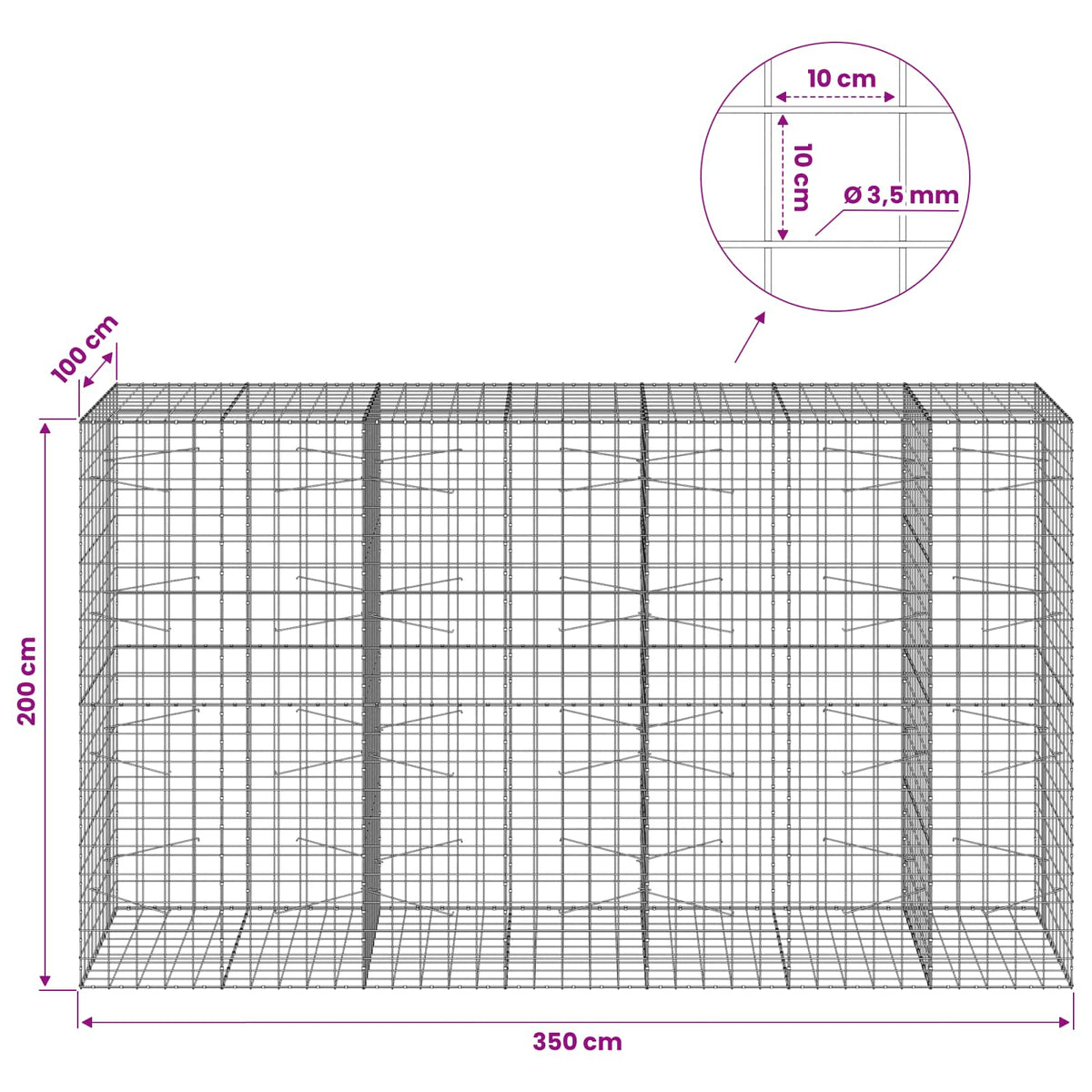 Gabionas su 3,5 mm viela ir 10x10 cm tinkleliu 350x100x200 cm