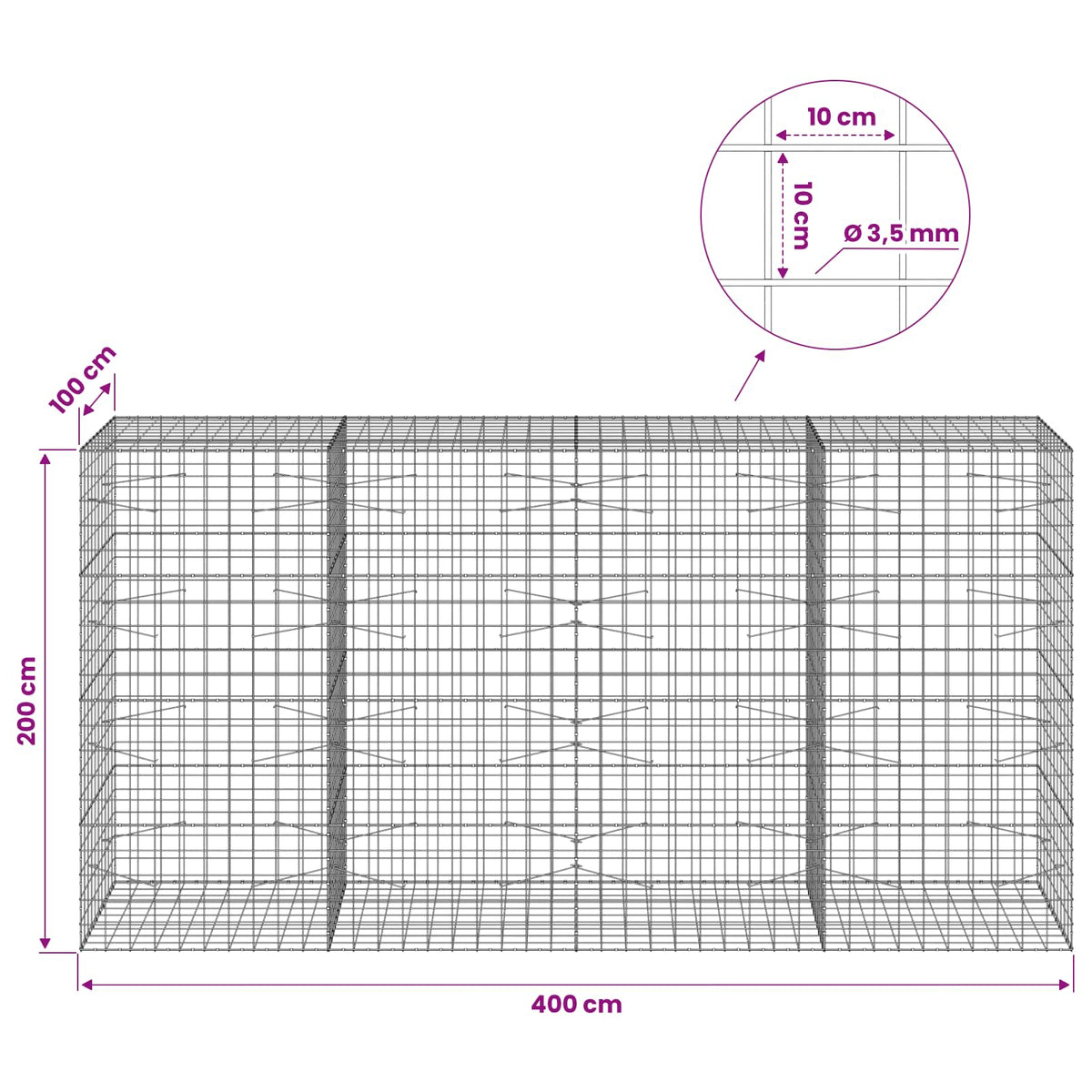 Gabionas su 3,5 mm viela ir 10x10 cm tinkleliu 400x100x200 cm