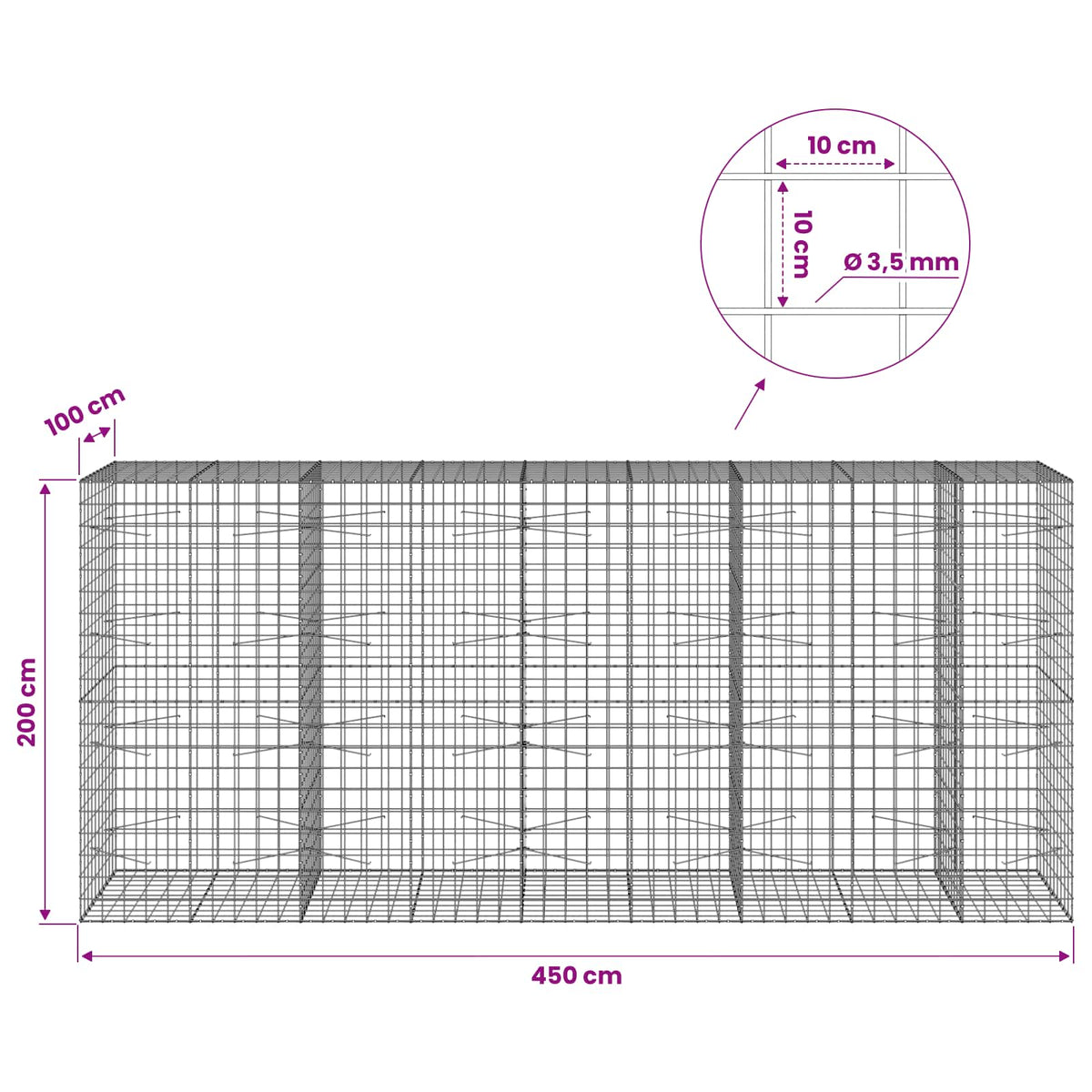 Gabionas su 3,5 mm viela ir 10x10 cm tinkleliu 450x100x200 cm