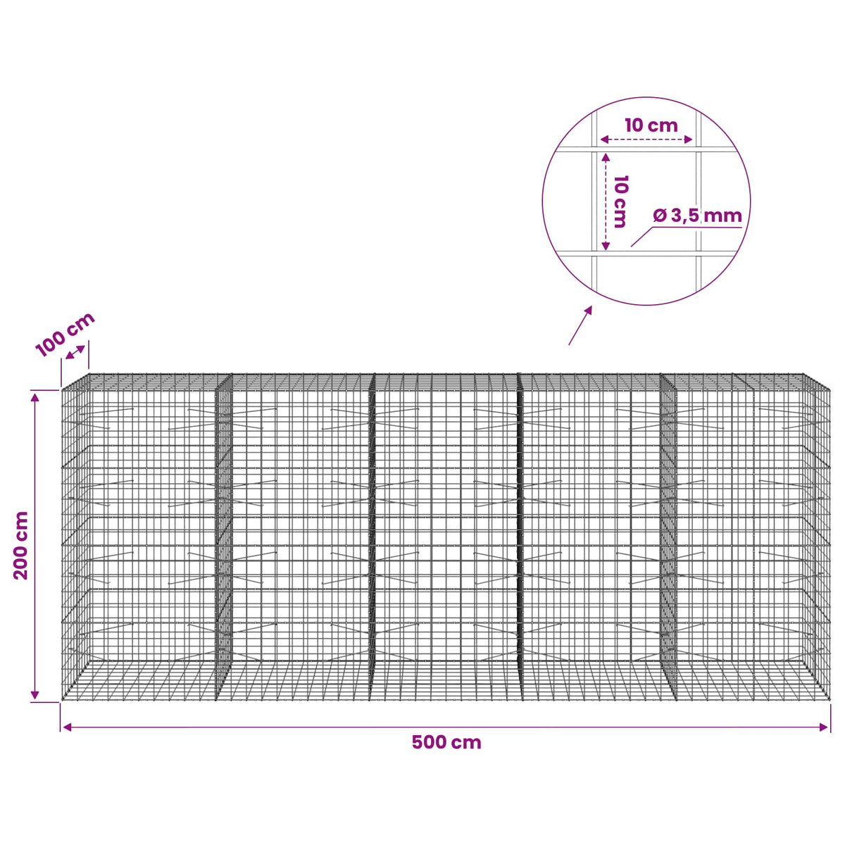 Gabionas su 3,5 mm viela ir 10x10 cm tinkleliu 500x100x200 cm