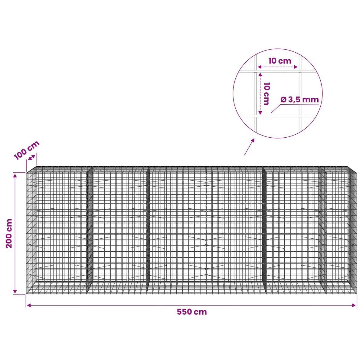 Gabionas su 3,5 mm viela ir 10x10 cm tinkleliu 550x100x200 cm