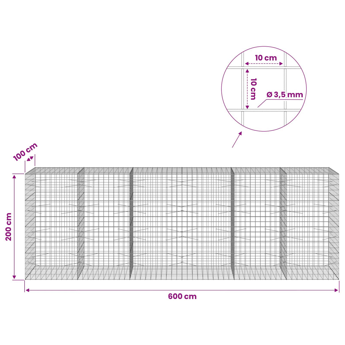 Gabionas su 3,5 mm viela ir 10x10 cm tinkleliu 600x100x200 cm