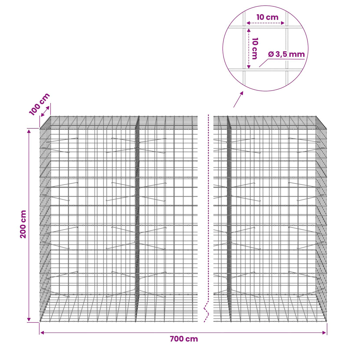 Gabionas su 3,5 mm viela ir 10x10 cm tinkleliu 700x100x200 cm