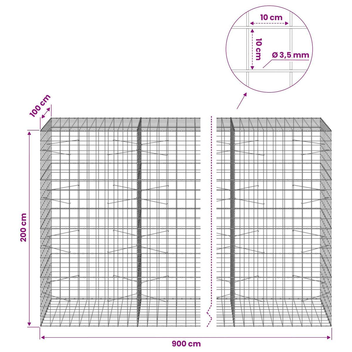 Gabionas su 3,5 mm viela ir 10x10 cm tinkleliu 900x100x200 cm