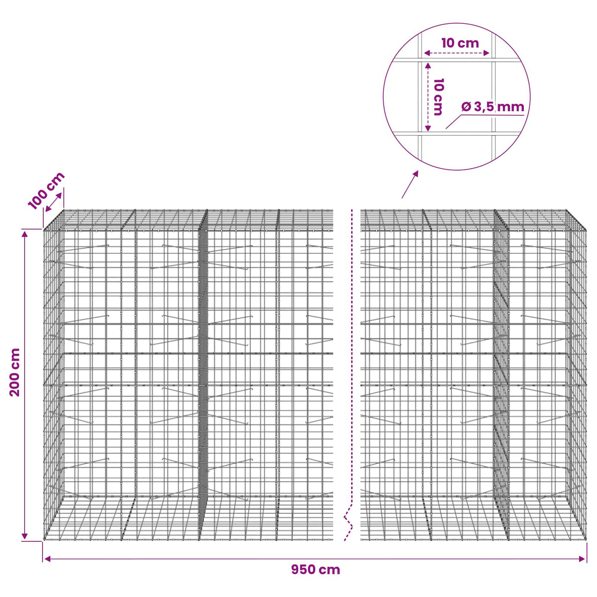 Gabionas su 3,5 mm viela ir 10x10 cm tinkleliu 950x100x200 cm