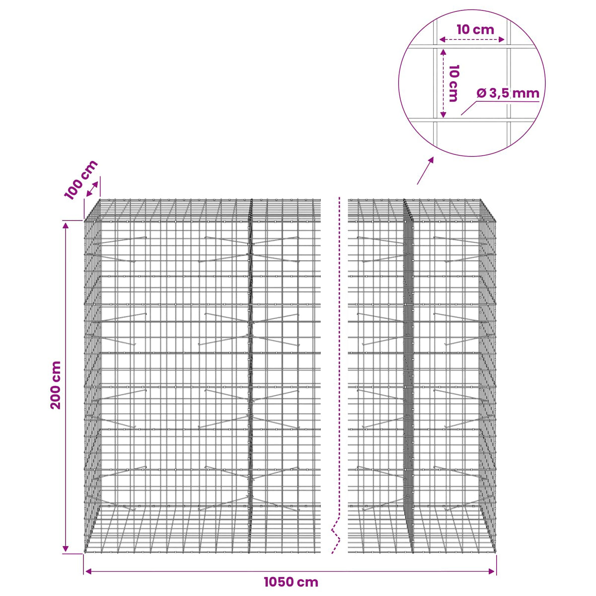 Gabionas su 3,5 mm viela ir 10x10 cm tinkleliu 1050x100x200 cm