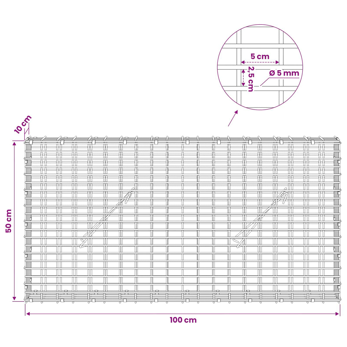 Gabionas su 5 mm viela ir 5x2,5 cm tinkleliu 100x10x50 cm