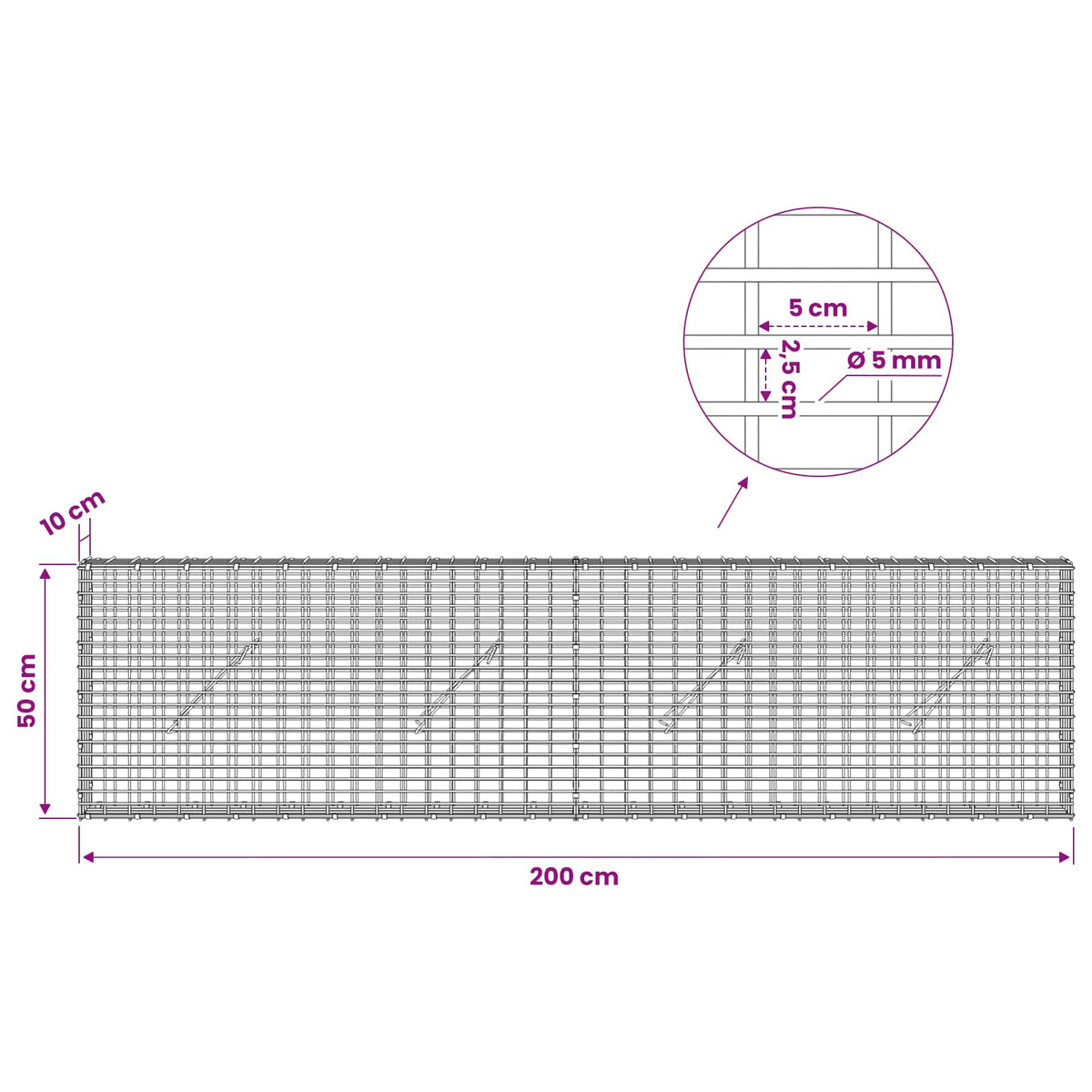 Gabionas su 5 mm viela ir 5x2,5 cm tinkleliu 200x10x50 cm