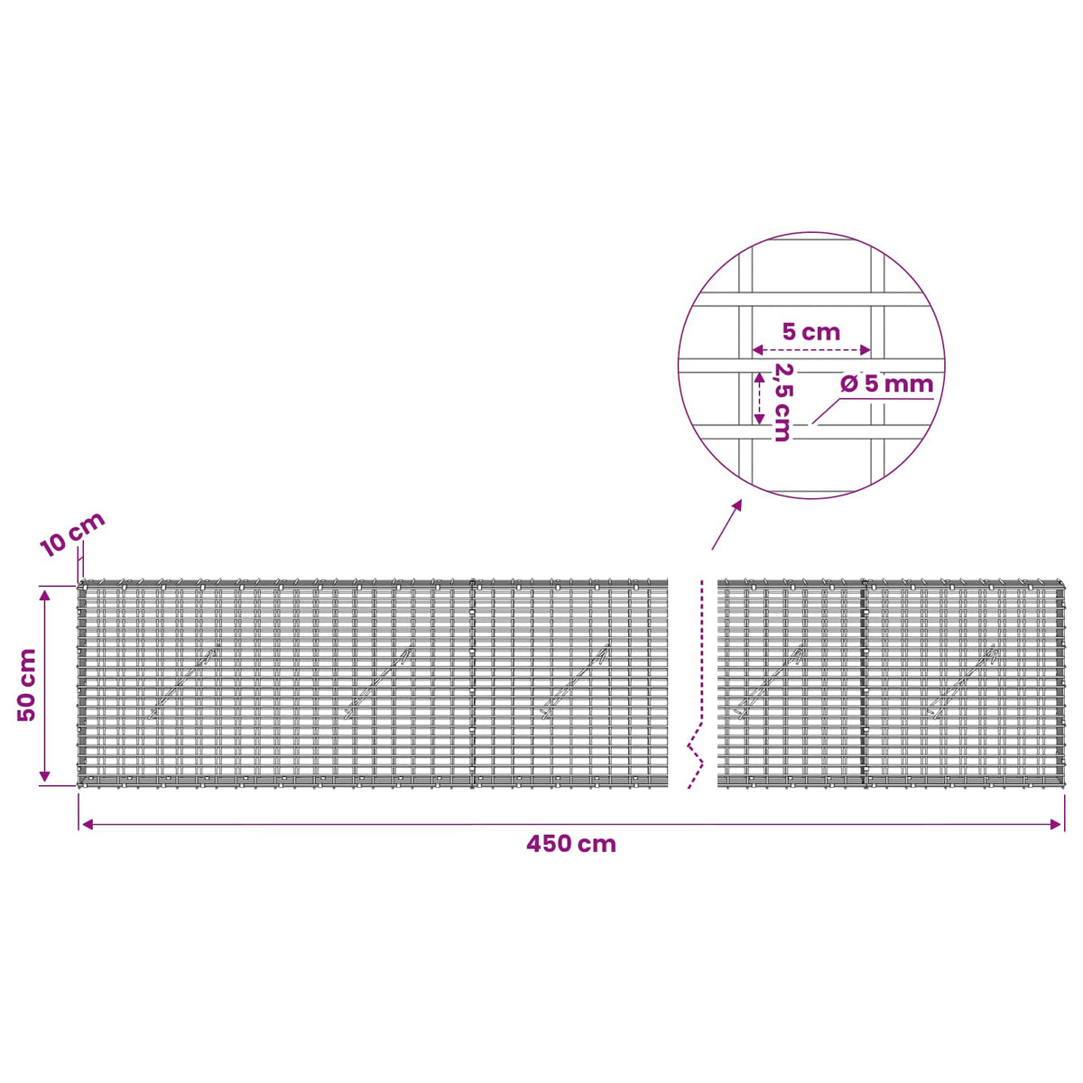Gabionas su 5 mm viela ir 5x2,5 cm tinkleliu 450x10x50 cm