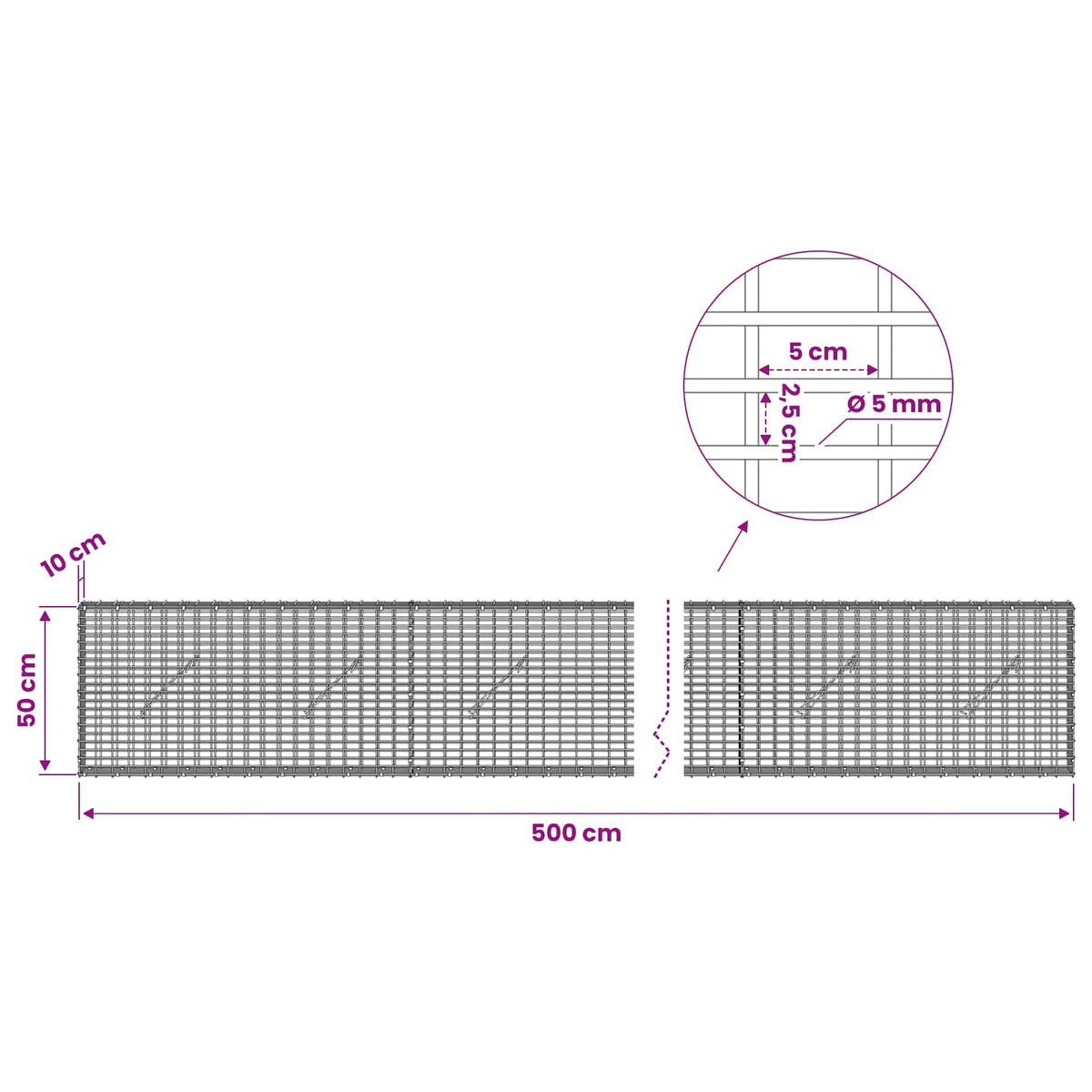 Gabionas su 5 mm viela ir 5x2,5 cm tinkleliu 500x10x50 cm