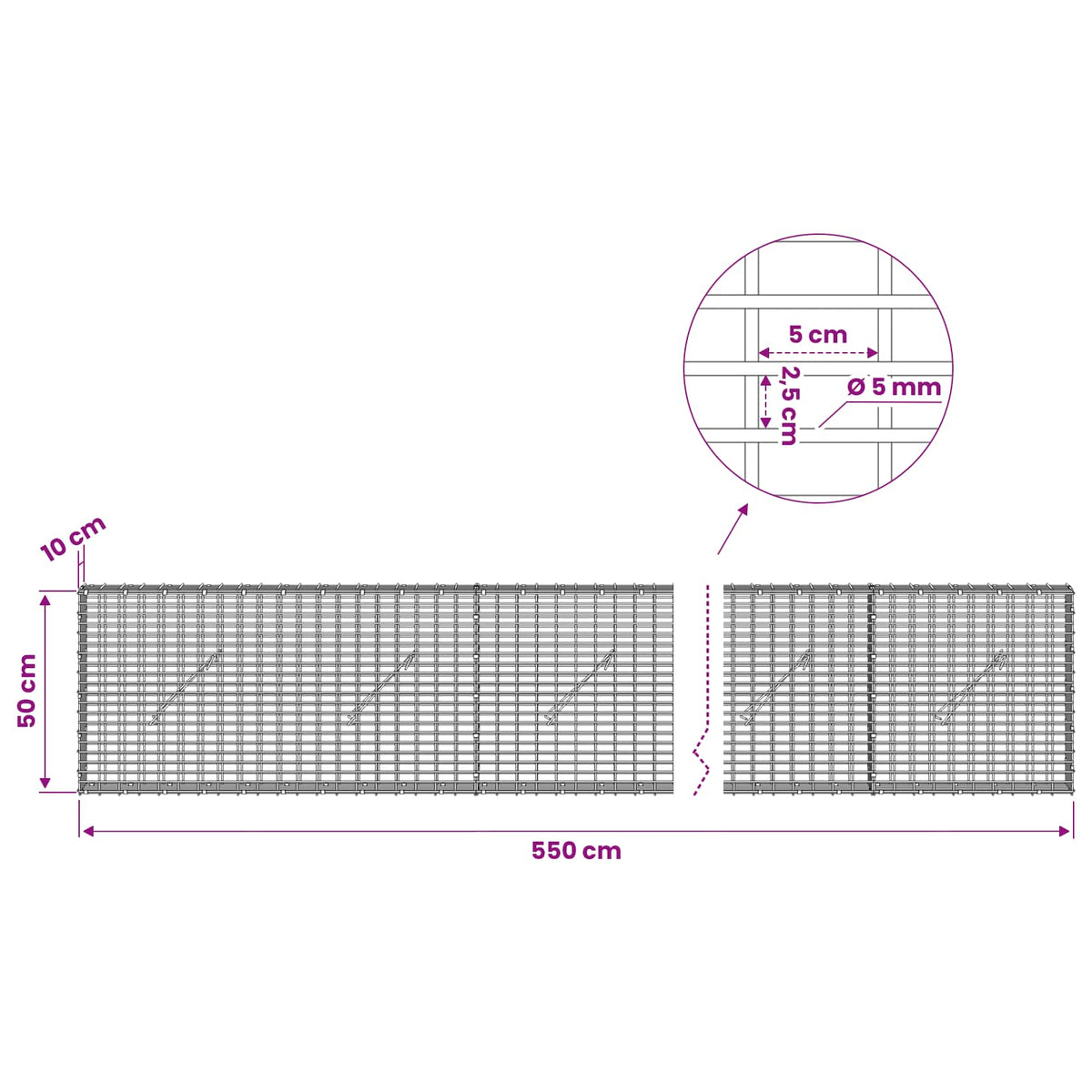 Gabionas su 5 mm viela ir 5x2,5 cm tinkleliu 550x10x50 cm
