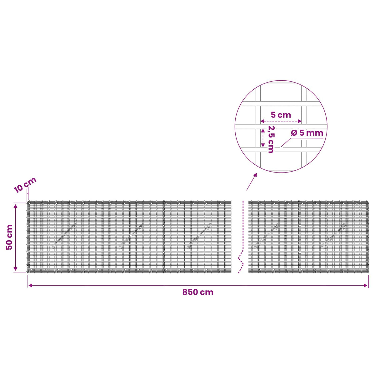 Gabionas su 5 mm viela ir 5x2,5 cm tinkleliu 850x10x50 cm