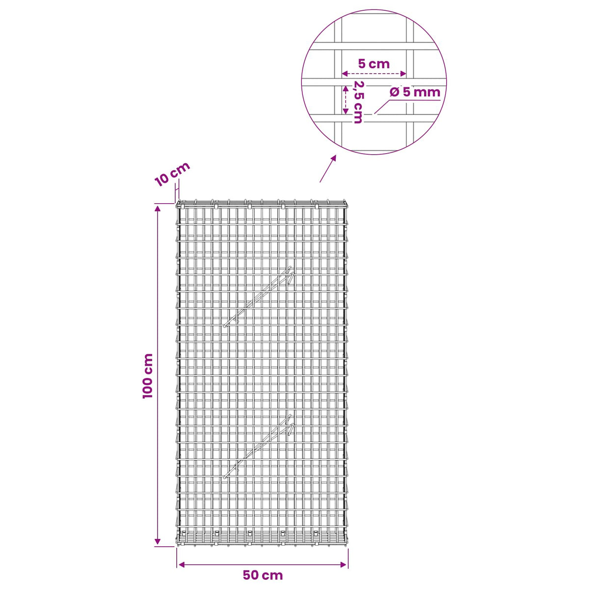 Gabionas su 5 mm viela ir 5x2,5 cm tinkleliu 50x10x100 cm
