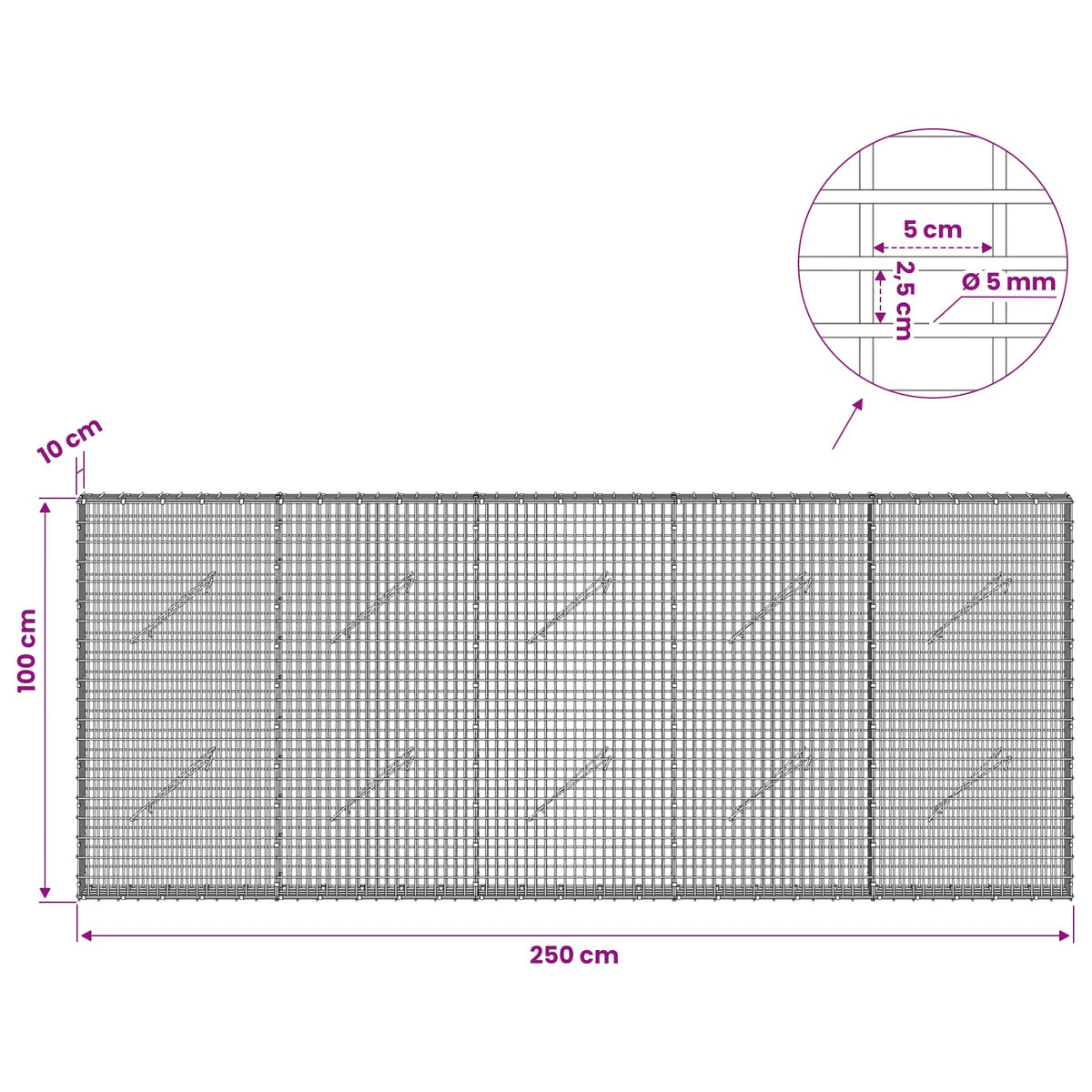 Gabionas su 5 mm viela ir 5x2,5 cm tinkleliu 250x10x100 cm