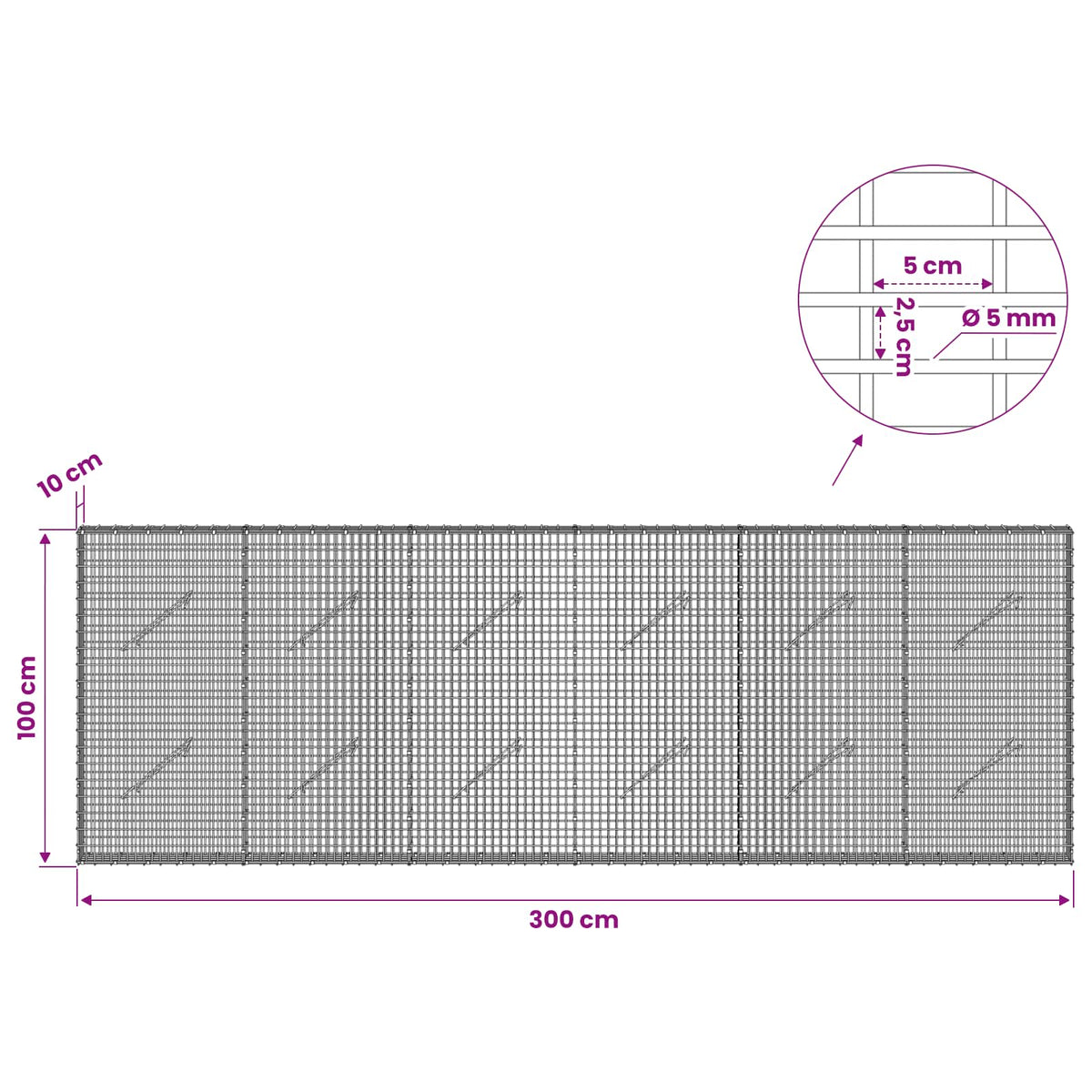 Gabionas su 5 mm viela ir 5x2,5 cm tinkleliu 300x10x100 cm