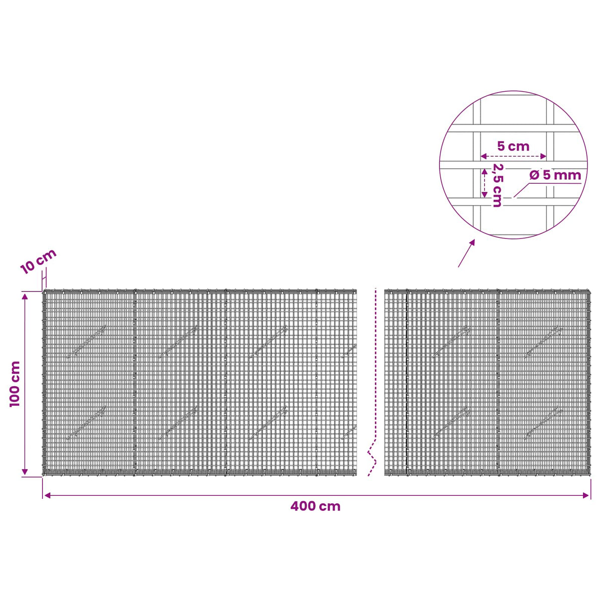 Gabionas su 5 mm viela ir 5x2,5 cm tinkleliu 400x10x100 cm