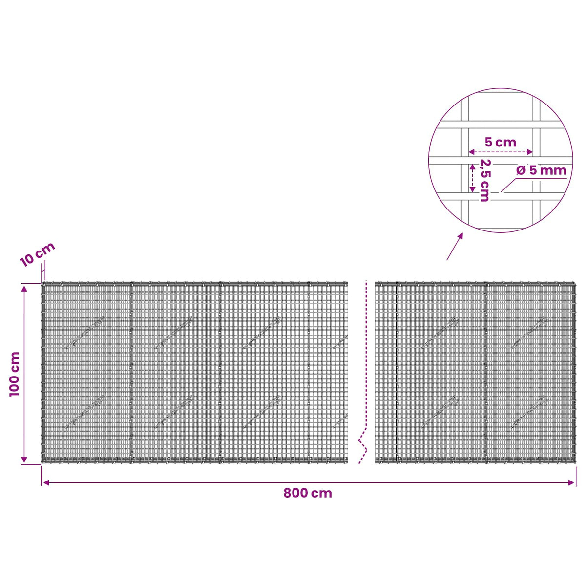 Gabionas su 5 mm viela ir 5x2,5 cm tinkleliu 800x10x100 cm