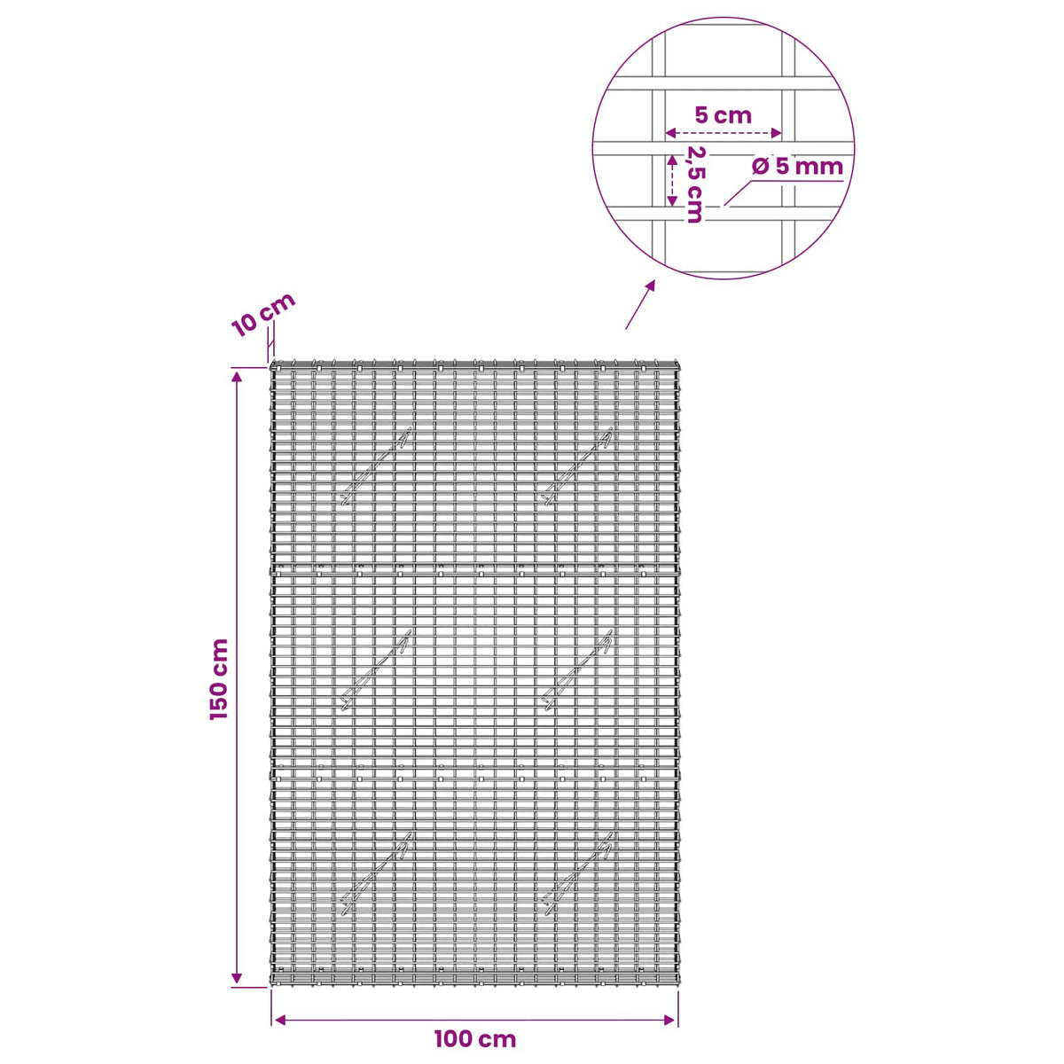 Gabionas su 5 mm viela ir 5x2,5 cm tinkleliu 100x10x150 cm
