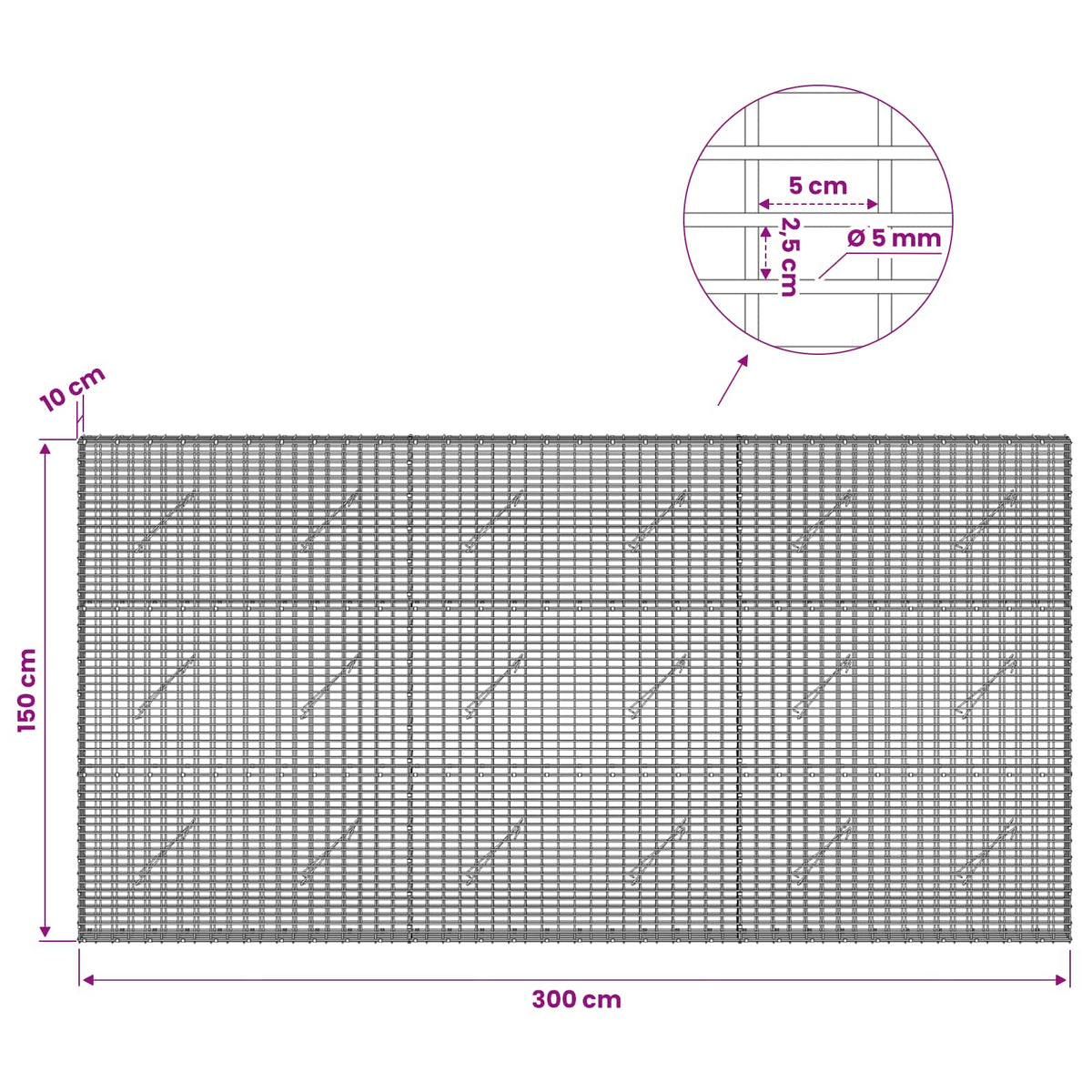 Gabionas su 5 mm viela ir 5x2,5 cm tinkleliu 300x10x150 cm