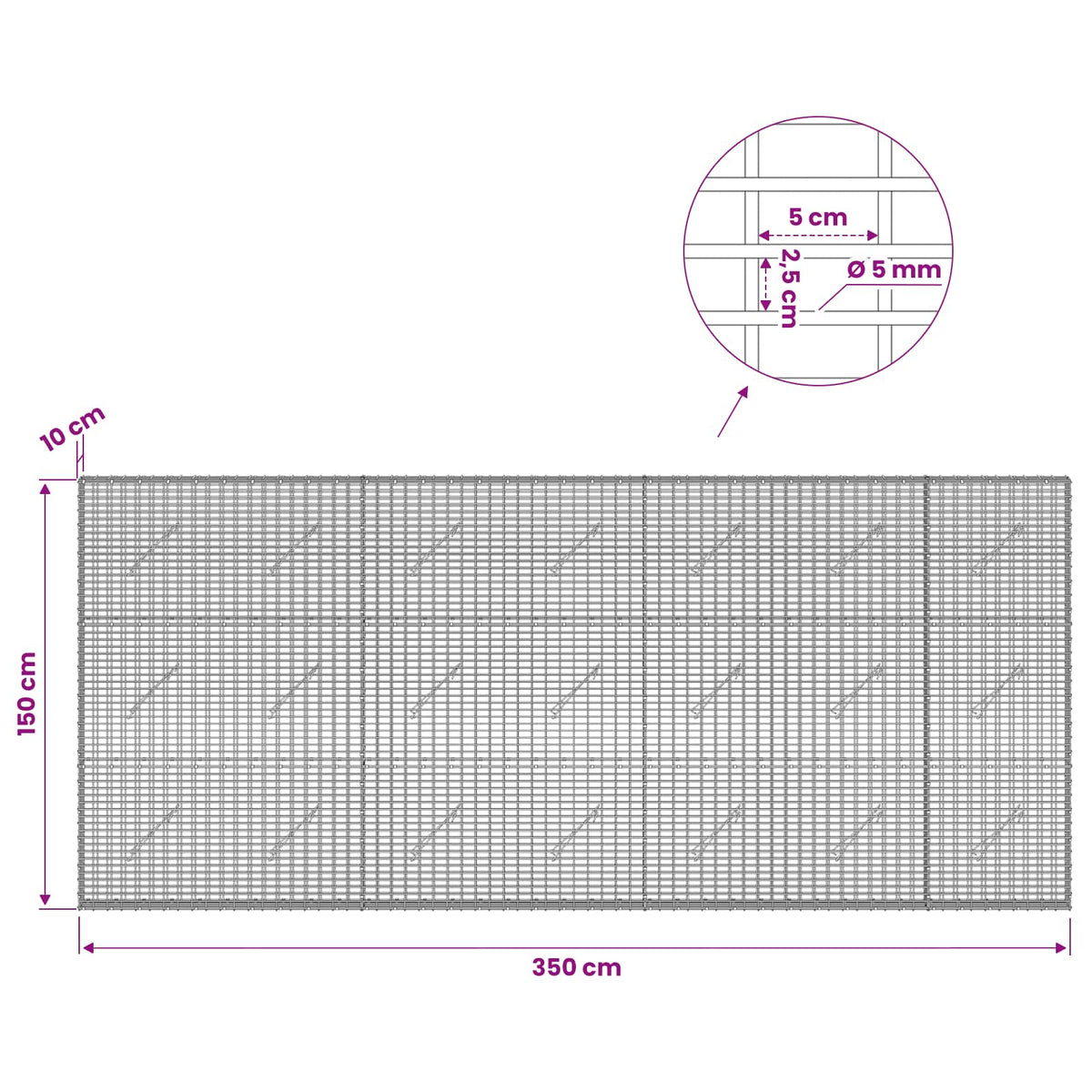 Gabionas su 5 mm viela ir 5x2,5 cm tinkleliu 350x10x150 cm