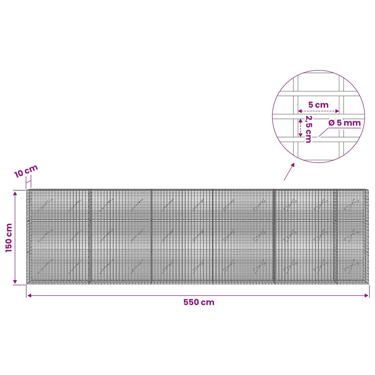 Gabionas su 5 mm viela ir 5x2,5 cm tinkleliu 550x10x150 cm