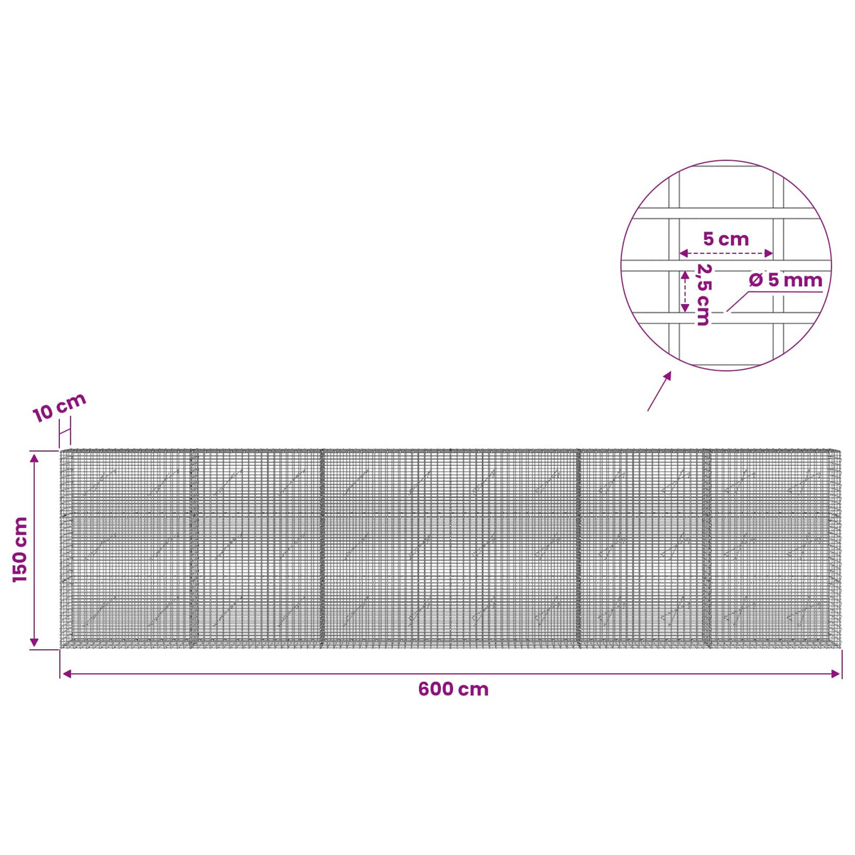 Gabionas su 5 mm viela ir 5x2,5 cm tinkleliu 600x10x150 cm
